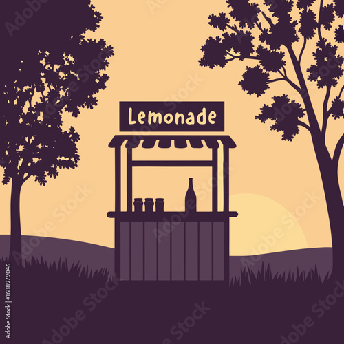 Silhouette of Lemonade Stand at Sunset Keywords: lemonade, stand, stall, drink, beverage, summer