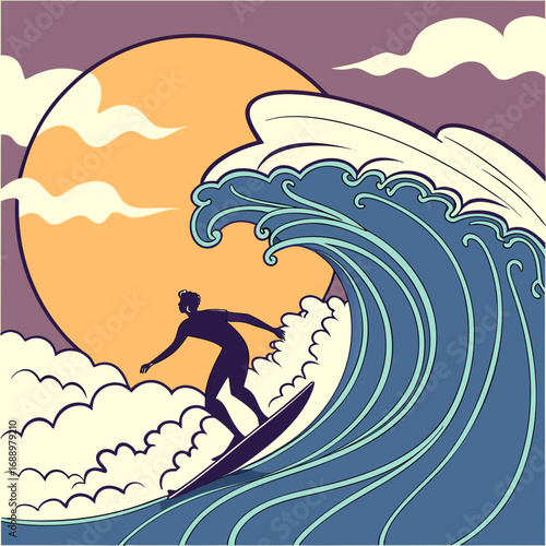 Surfer riding a large wave against a sunset sky Keywords: surfing, surfer, wave, ocean, sea