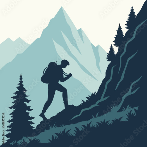 Silhouette of hiker climbing a steep mountain path Keywords: hiking, climber, silhouette