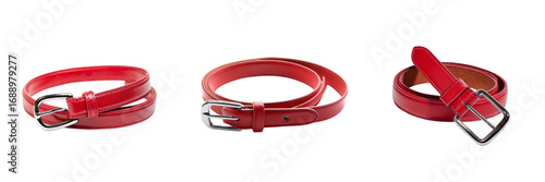 Elegant red belt collection on transparent background studio setting fashion photography
