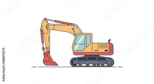 Detailed illustration of a heavy duty yellow excavator digging machine on a white background