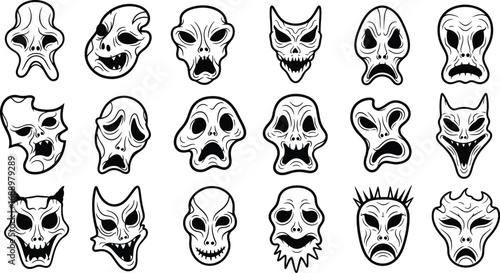 Collection of spooky faces isolated on a white background, vector illustration of a set of scary masks