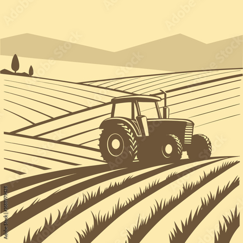 Tractor on a sepia toned agricultural landscape farm