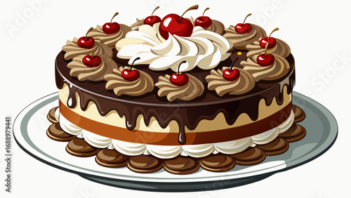 legant Black Forest cake layered with cherries, whipped cream, and chocolate shavings rests proudly. On a refined plate, isolated white background highlights German tradition, indulgence, and timeless