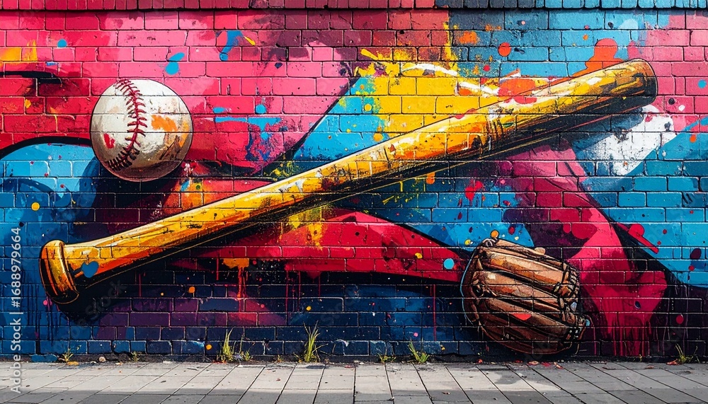 Naklejka premium Vibrant baseball mural on brick wall featuring bat, ball and glove illustration