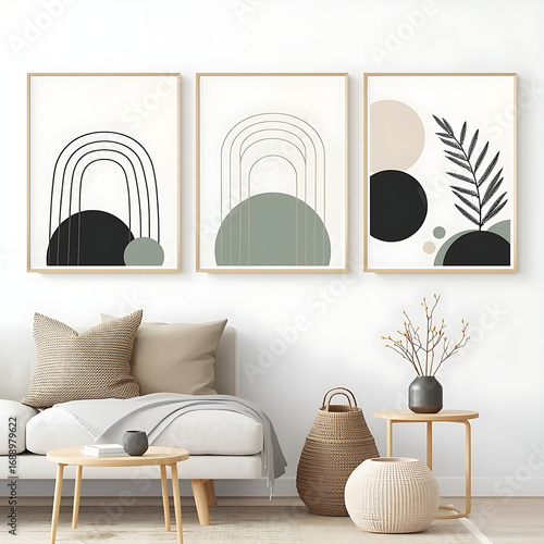 This minimalist boho wall art vector set features abstract geometric shapes, curved lines, circles, and organic leaf silhouettes in neutral colors, perfect for living room or bedroom decor.