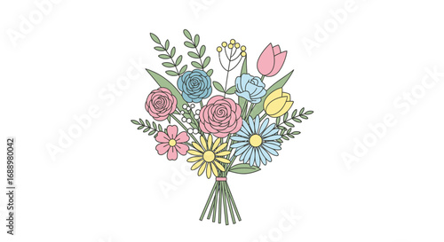 A Colorful Collection of Fresh Spring Flowers Tied Together with Twine for a Beautiful Bouquet Arrangement