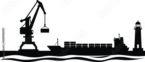 Silhouette of shipping port with crane loading cargo container onto freight ship, waves and lighthouse on the harbor background.