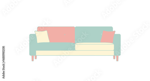 A Modern Color Block Sofa with Two Square Cushions on Each Side in Pastel Hues