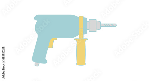 A Detailed Illustration of a Light Blue Power Drill with a Yellow Handle and Drill Bit Ready for Action