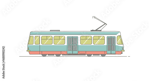 A vintage style light rail tram with an overhead power collector and large windows is depicted in a clean flat illustration style