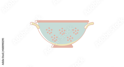 A simple kitchen colander with a light blue body and pink rim and base featuring numerous small holes for draining pasta or vegetables