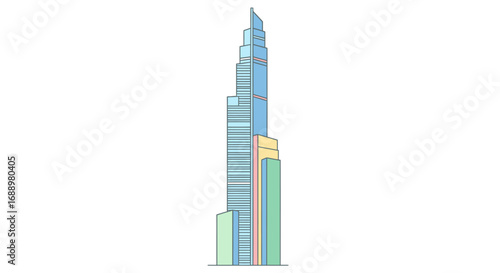 Architectural Illustration of a Supertall Skyscraper Showing Distinctive Sections and Facade Details