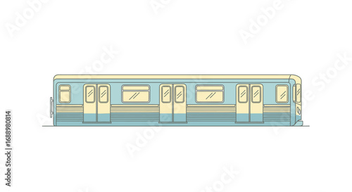 A Stylized Illustration of a Light Blue and Cream Colored Subway Train Car on a White Background