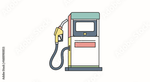 A vintage style illustration of a gas pump with a nozzle and hose attached ready for refueling a vehicle