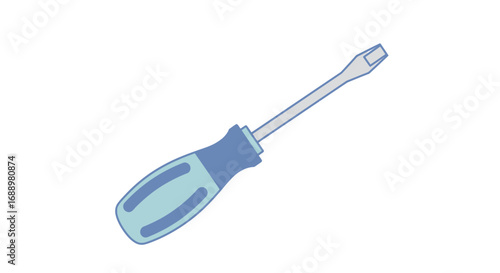 A simple drawing of a flathead screwdriver with a blue and light blue handle and a silver metal shaft and tip
