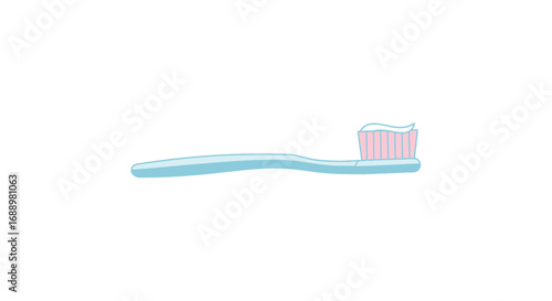A light blue toothbrush with pink bristles and toothpaste on its head shown from the side on a white background