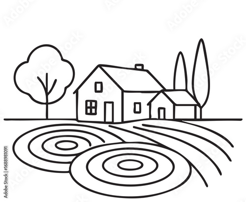 Futuristic line sketch fields rural landscape