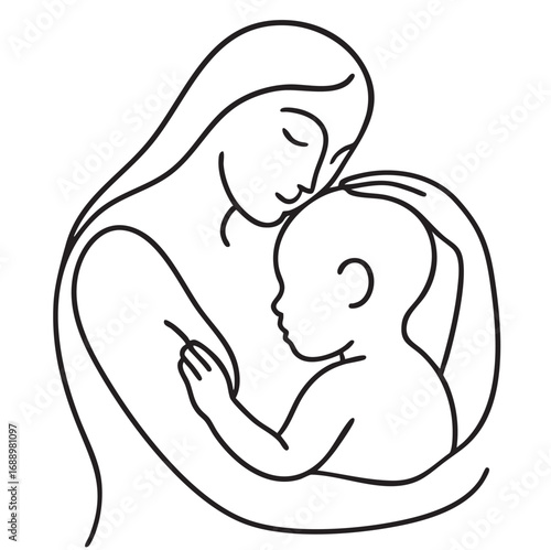 Mother hugging and holding her baby line icon, mom day and together, mother with baby vector line icon