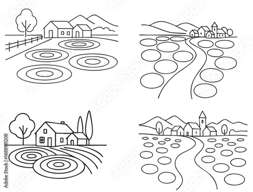 Futuristic line sketch fields rural landscape set
