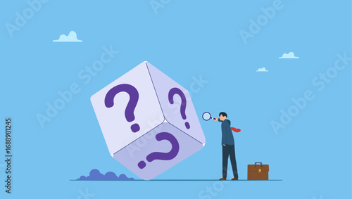 Businessman with magnifying glass analyze dice with question mark. Random or chance to win, gamble, risk management or analyze opportunity, prediction or forecast future, unknown or uncertain.