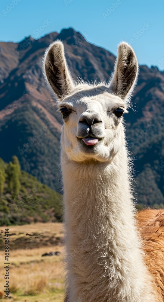 Fototapeta premium Playful Llama Tongue Out in Mountains