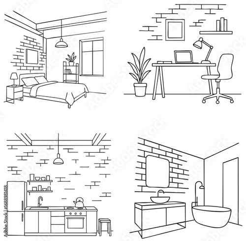 Bathroom, kitchen, bedroom and workplace interior vector drawing set, line sketch