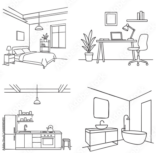 Bathroom, kitchen, bedroom and workplace interior vector drawing set, line sketch
