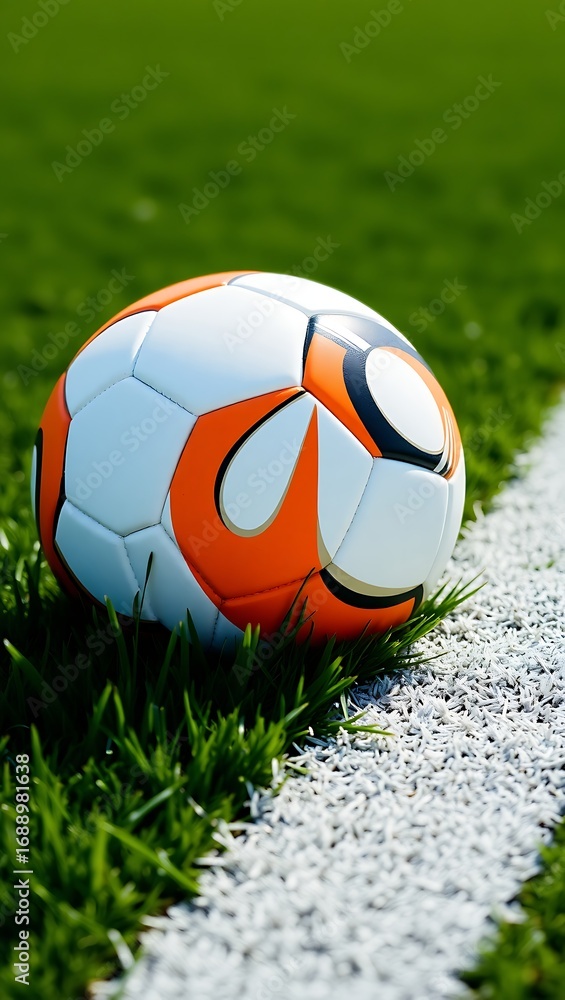 Fototapeta premium Generative AI soccer ball resting on the field line.