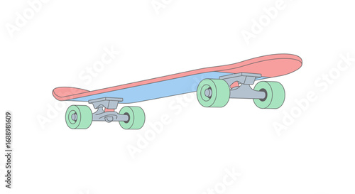 A Vibrant Skateboard With A Pink Deck And Light Blue Underside Rolling On Green Wheels
