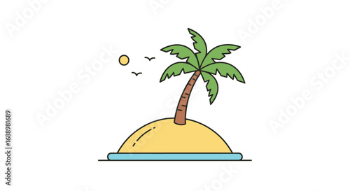 Serene Tropical Island Paradise with a Lone Palm Tree Swaying Gently Under the Warm Sun and Flying Birds Above