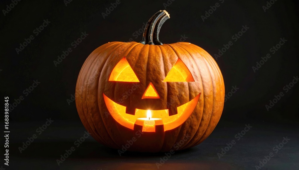 Fototapeta premium Jack-o'-lantern with glowing candle in dark background for Halloween