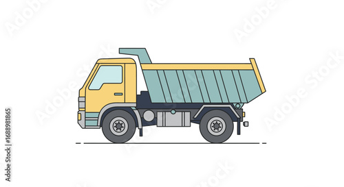 A yellow dump truck with a light blue bed is shown in a side profile illustration with a clean white background