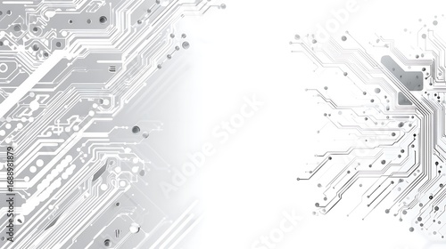 Sleek and abstract digital circuit board pattern in grey and white, illustrating advanced technology, data transmission, and network connectivity as a modern background