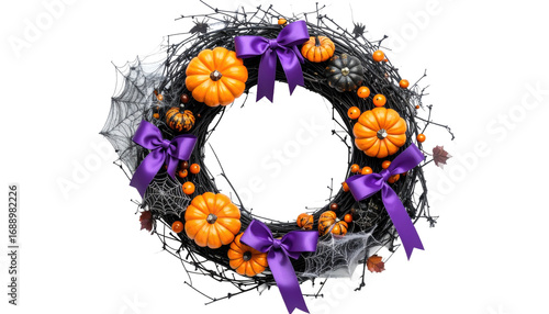 Spooky Halloween Wreath with Orange Pumpkins and Purple Bows