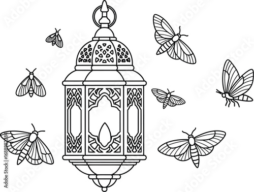 Vintage lantern surrounded by moths, creating a mystical and enchanting scene isolated on a white background, great for design