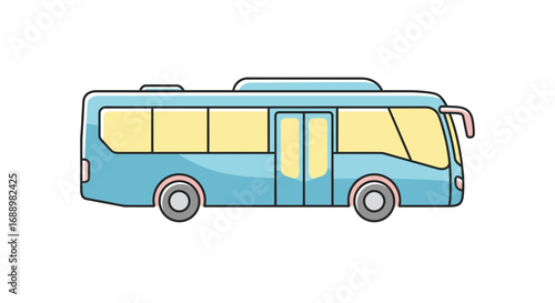 Illustration of a modern light blue passenger bus with yellow windows and gray wheels on a white background