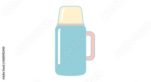 A Charming Light Blue Insulated Flask with a Cream Cap and a Pale Pink Handle for Keeping Beverages Warm or Cold During Outdoor Activities and Travel Adventures