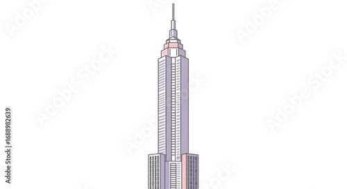 An artistic representation of a very tall skyscraper building with a distinctive tiered art deco architectural design in a pastel color palette standing against a white background