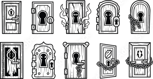 Collection of spooky doors with keyholes isolated on a white background, perfect for Halloween-themed designs and illustrations