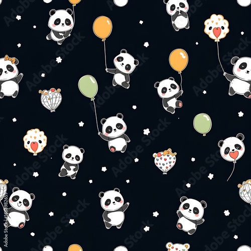 Playful Panda Pattern Adorable Pandas with Balloons on Dark Blue Background.