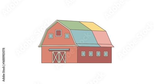 A charming and colorful barn with multiple windows and a large double door offers shelter and storage for agricultural activities