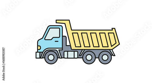 A cartoon drawing of a blue and yellow dump truck with four wheels used for hauling construction materials