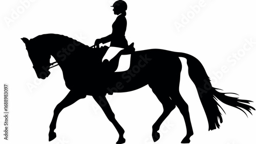 Graceful equestrian rider guides powerful horse in elegant dressage movement, showcasing skill and partnership.