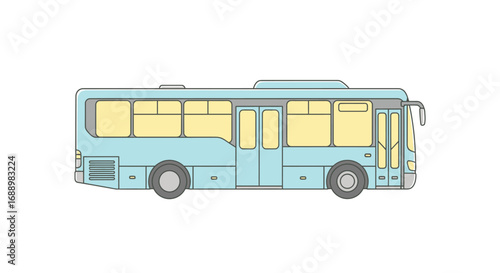 A light blue public transportation vehicle with multiple windows and doors for passengers