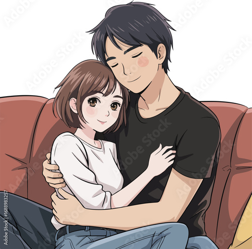 Cute Anime Couple Hugging – Romantic Manga Love Illustration
