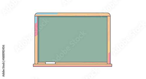 A blank classroom chalkboard with a wooden frame and a piece of chalk on the ledge