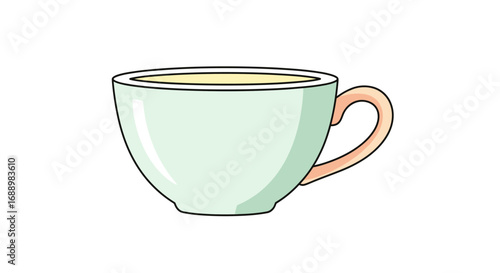 A Simple Cartoon Style Drawing of a Light Green Teacup Filled with a Yellowish Beverage and an Orange Handle on a White Background
