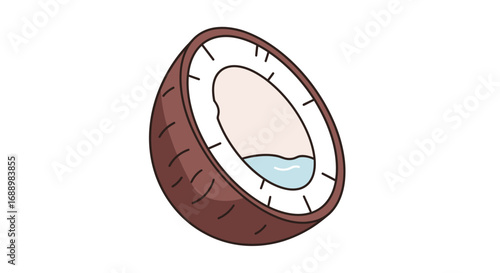 A Fresh Coconut Half Filled with Clear Water and White Meat A Tropical Fruit Isolated on a White Background