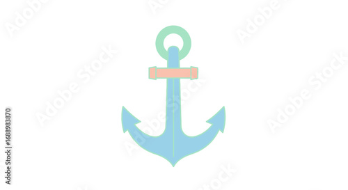 A Simple Blue Anchor Adorned with Subtle Peach and Mint Accents Suspended Against a White Background Representing Maritime Concepts